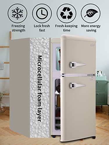 KRIB BLING Retro Fridge With Freezer,3.5 Cu. Ft Refrigerator 2 Doors,7- Level Adjustable Thermostat, Removable Glass Shelves For Bedroom, Office, Kitchen, Apartment, Dorm, Cream, FLS-80G-CREAM-2