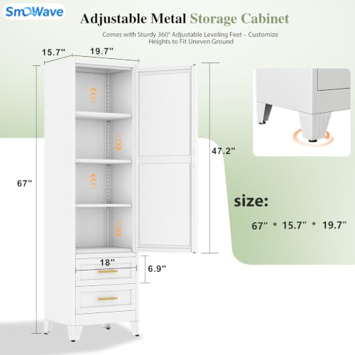 Image of Tall Narrow Pantry Cabinet for Kitchen, 67 inch H Metal Storage Cabinet with Drawers, Doors & 3 Adjustable Shelves for Dining Room, Living Room, Home Office, 20 inches Wide, White