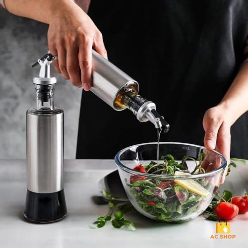 Conjunto 2 Galheteiro Dosador Azeite Vinagre de Vidro Aço Inox 300ml e Moedor Elétrico de Sal Piment