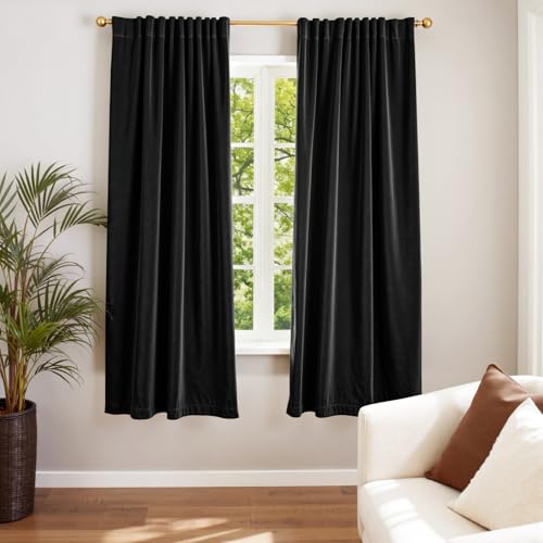 Image of Blackout Black Velvet Curtains Rod Pocket 52x72 Inch 2 Panels | Soft Velvet, For Small Windows, Kitchens & Bathrooms, Light Shifting Texture, Elegant Drape, Classic