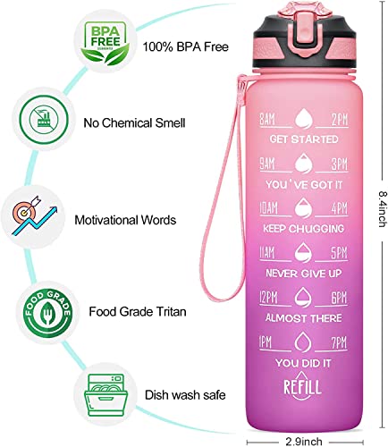 Image of 24OZ Water Bottles with Removable Straw & Time Marker, Motivational Water Bottle with BPA Free Tritan Material, Leakproof Water Jug for Fitness Sports (Cherry Blossom 24oz)