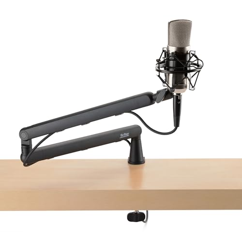 Image of On-Stage MBS-LP1 Low-Profile Broadcast Boom Arm - Adjustable Mic Stand with 5 /8 inch Thread, Cable Management, C-Clamp & Flange Mount - Quiet Hinges, 360 Swivel for Podcasting & Streaming