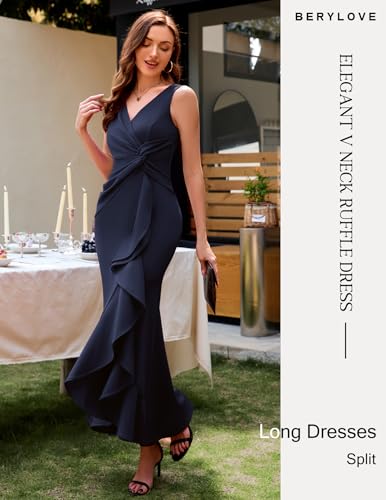 Image of BeryLove Formal Wedding Guest Evening Midi Ruffle Dresses Prom Cocktail Party Mother of The Bride Dress