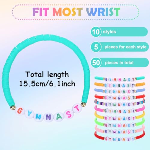50 Pcs Gymnast Bracelets Bulk Colorful Polymer Clay Beaded Stretch Beaded Bracelet for Adult Team Gift Gymnastics Sports Fan Charm Birthday Party Favors Supplies2
