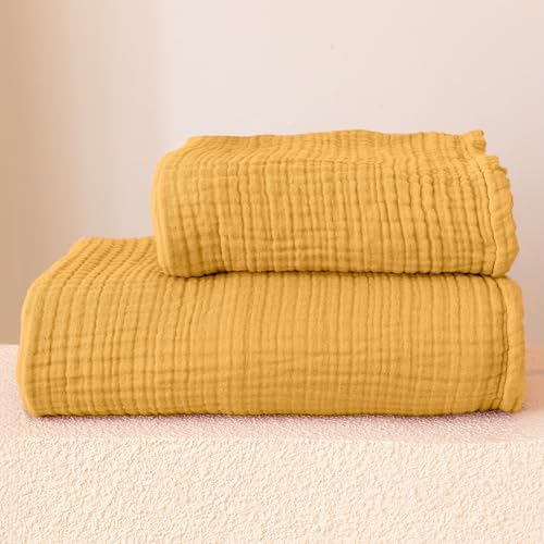 Viva Maison Ultra Soft Muslin Towel Adult Set, 100% Turkish Cotton 4-Layer 2 Pieces Luxury Muslin Hand & Bath Towels Sets for Bathroom (Mustard, 1 Bath & 1 Hand Towel Set)