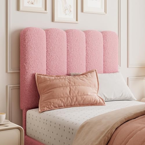 GarveeHome Twin Bed Frame with Under-Bed Drawer, Upholstered Platform Bed with Wave Headboard for Kids/Girls, Wooden Slats Support, No Box Spring Needed, Boucle Pink