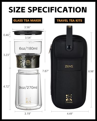Image of ZENS Cool Glass Teapot with Infuser, Smart One Touch Tea Maker for Loose Tea Diffusers with Insulated Mug and Portable Tea Kits, Enchanted Teapot Alternatives for Tea Lover Gifts