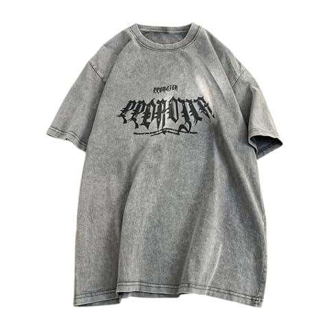 GURUNVANI Men Wash Graphic T Shirts Vintage Oversized Shirt Short Sleeve Tee Tops, Grey, Large Cover
