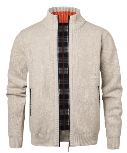 Btmpmcs Hommes Cardigan Veste en Maille Grosse Tricoté avec Col Debout Décontractée Ouvrez-Front Zippé Gilet Automne Hiver Chaud Pulls Épais Doublé en Polaire Sweat