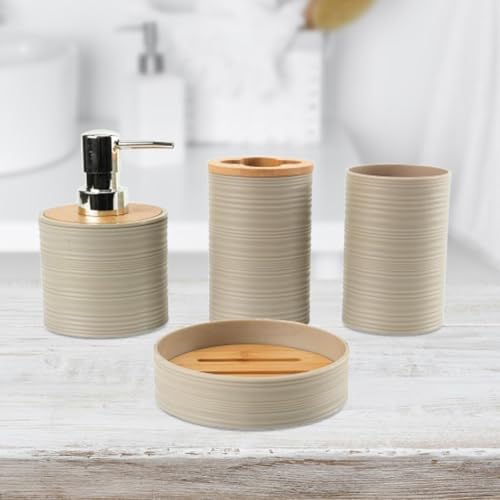 Evita el desorden en el lavabo con este set de baño beige de 4 piezas y fácil limpieza 5