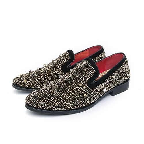 Men's Rhinestone Studded Flat Smoking Loafers Luxury Shiny Glitter Slip On Tuxedo Rivets Dress Shoes for Prom Party Wedding Formal Shoes