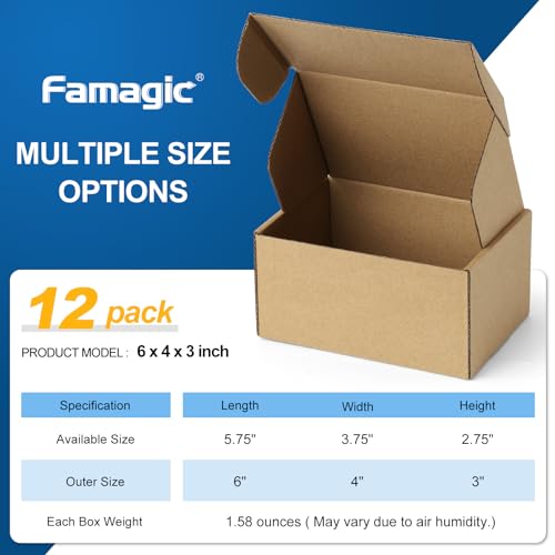 Famagic 12Pack 6x4x3 Inch Packing Boxes - Brown Small Shipping Boxes, Corrugated Cardboard Boxes for Small Business, Small Mailer Boxes for Packaging, Bulk
