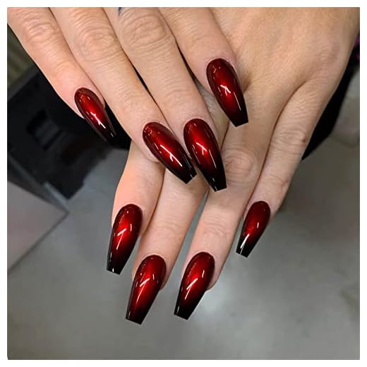 DOCVOEOMH Red and Black Gradient Press on Nails Long Coffin Fake Nails Glossy Glue on Nails Acrylic Stick on Nails False Nails for Women 24PCS
