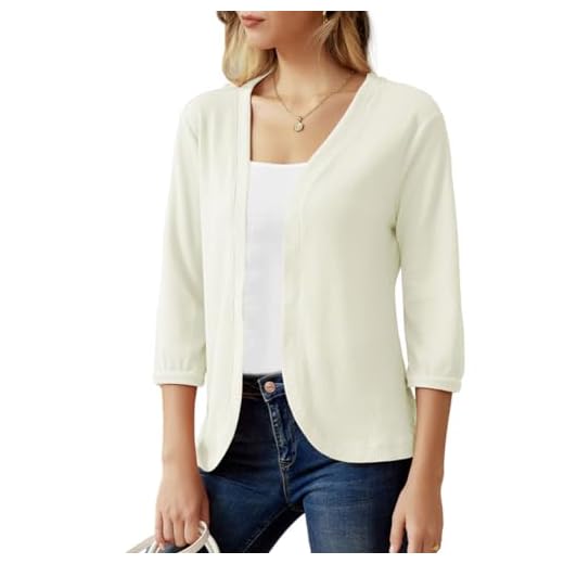 Women's Open Front 3/4 Sleeve Knit Cardigan Loose Casual Sweater Beige S