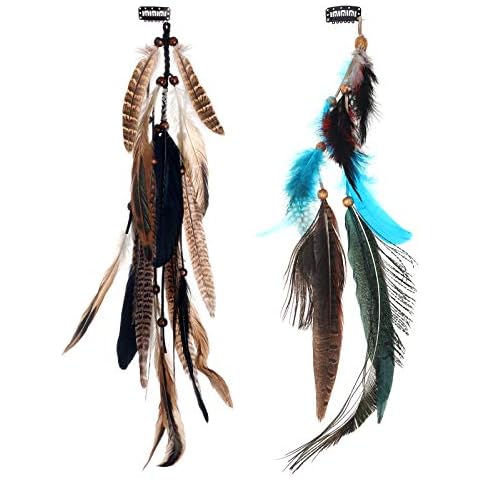 MWOOT 2Pcs Feather Hair Clip-in Extensions for Women Halloween Cosplay Costume Carnival Party Headdress, Handmade Bohemian Hippie Hair Clip Comb, Mixed Peacock Pheasant Tails Feather Clips Black Brown Cover