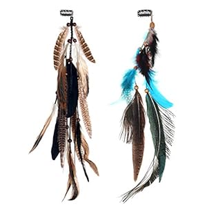 MWOOT 2Pcs Feather Hair Clip-in Extensions for Women Halloween Cosplay Costume Carnival Party Headdress, Handmade Bohemian Hippie Hair Clip Comb, Mixed Peacock Pheasant Tails Feather Clips Black Brown