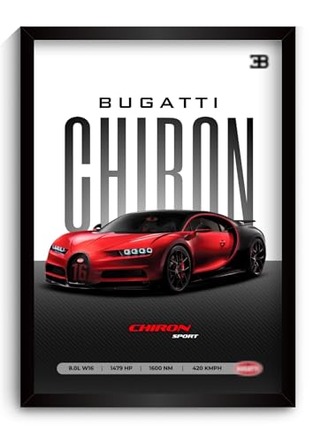 Image of Bugatti Chiron Poster | Framed Bugatti A4 Sized (31 x 23 cm) | Chiron Car Poster for Wall, Gift for Boys, Hypercar Frames | Dream Car Posters for Wall, Bedroom, Hostel, Study Area, Hostel (F 036)