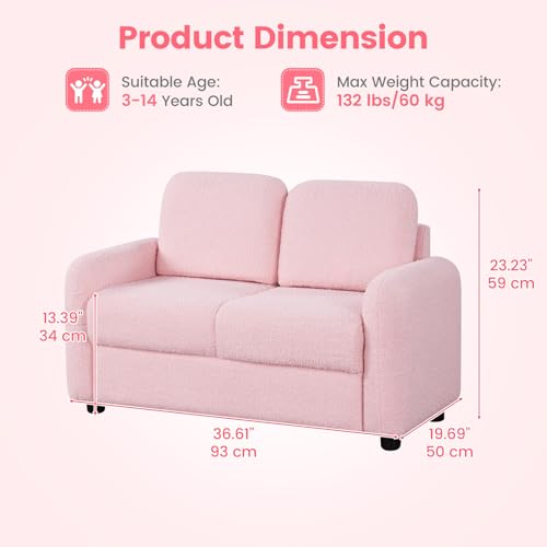 Image of INFANS Kids Sofa, 2 Seat Soft Thick Upholstered Couch with Plush Fabric Solid Wooden Frame, Armrest Chair Lounge for Playroom Kids Boys Girls