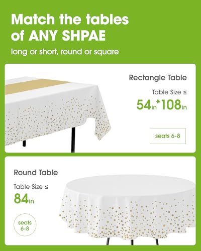 Image of Pureegg Plastic Table Cloth Disposable 8 Pack, 54 x 108 Inch, Table Runner Style, Graduation Decorations 2026, Party Tablecloths, Rectangle, Plastic Cover, Leakproof & Sturdy, White Gold