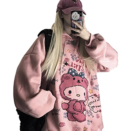Y2K Anime Hoodie Women Kawaii Fashion Sweatshirt Korean Long Sleeve Print Tops Vintage Oversized Cute Hoodie Pink