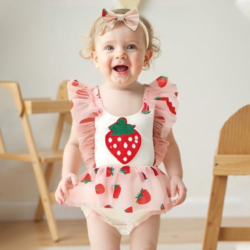 Baby Girl Strawberry Romper Dress Ruffle Sleeve Tulle Tutu Romper Bodysuit Newborn Birthday Cake Smash Outfit2
