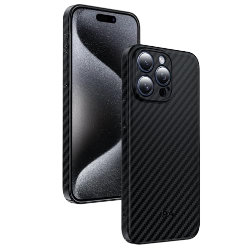 Phoneaura Funda para iPhone 15 Pro con aspecto de carbono compatible con MAGSAFE I 15 funda I 15 Pro cristal protector y funda para teléfono móvil, funda de carbono [diseño plano + aspecto de carbono