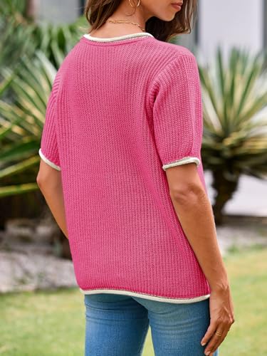 Image of Saodimallsu Womens Puff Short Sleeve Sweater Tops Spring Summer Color Block Ribbed Knit Crew Neck Going Out Shirts