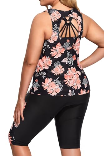 Image of Holipick Women Plus Size Swimsuits - Athletic 3 Piece Tankini with Shorts | Sports bikini top, high waist shorts, tank top, removable pads. Athletic style for water activties