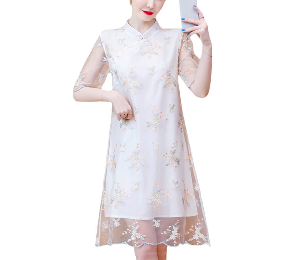 Robe Qipao vintage brodée florale taille L style chinois pour femme