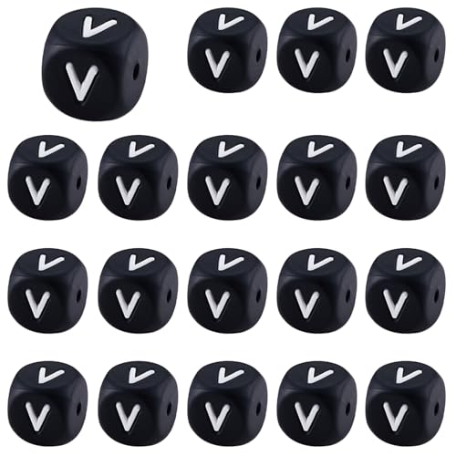 LEGENTLISUR 20 cuentas de letras de silicona de 12 mm, cuadradas, cuentas sueltas del alfabeto negro para pulseras de amistad, llaveros, joyas, manualidades, proyectos de bricolaje (letra V)
