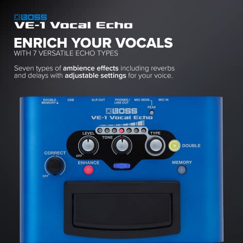 BOSS VE-1 Vocal Echo für Sänger und Vocal-Künstler | Steuere deinen Vocalsound in Echtzeit | Verleihe deiner Stimme einen natürlichen Raumklang oder intensiven Reverb | Sieben anpassbare Effekttypen