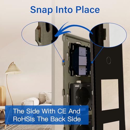 BSEED Touch Lichtschalter mit USB Steckdose Anschluss (Max. 2.1A) Typ C Port 1 Fach 2 Wege Wandschalter mit doppelten Steckdosen Unterputz Touchscreen-schalter mit Glasrahmen 228mm Schwarz