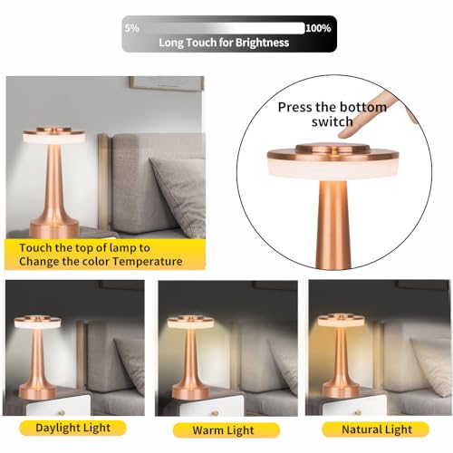 Image of Portable Metal Desk Lamp,3 Color Touch Sensor Control Cordless LED Table Lamp,3-Levels Brightness Rechargeable Bedside Lamp,Night Light for Kids Nursery,Dining Room Lamp (Rose Gold)
