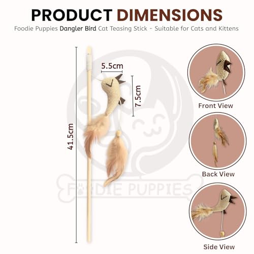 Image of Foodie Puppies Interactive Cat Teasing Wand - (Double Dangler Bird) for Cats and Kittens | Wooden Teaser with Stringed Feathers and Bell | Cat Toy for Teasing & Exerciser