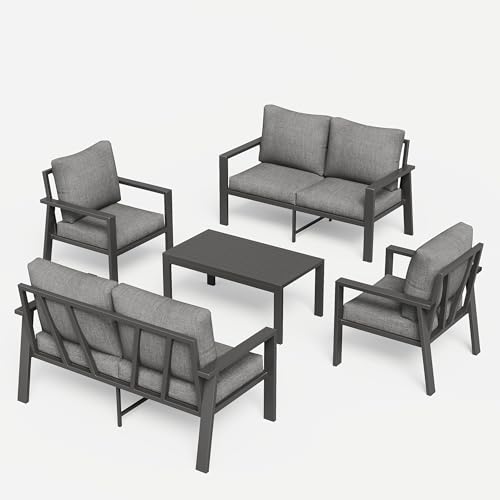 Image of 5 Pieces Aluminum Outdoor Patio Furniture Set 6-Seat Deck Furniture Patio Conversation Sets All-Weather Rust-Proof Sectional Sofa Set with Removable Cushion for Balcony, Yard, Poolside