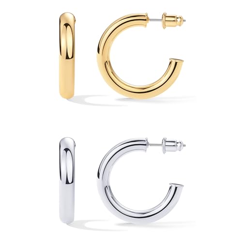 PAVOI 14K Gold Plated Lightweight Chunky Open Hoops | 30mm White & Yellow Gold Pack Hoop Earrings for Women