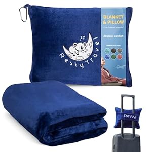 Resty 65″x40″ Traveling Airplane Blanket, Navy Blue – Lightweight, Velvety Soft Blanket That Becomes a Travel Pillow – Must-Have Comfort for Planes & Road Trips – Travel Essentials for Women & Men