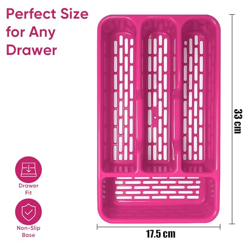 Small Tier Cutlery Tray Classic in Fuchsia | BPA Free Plastic Drawer Organizer with 4 Compartments | Durable Kitchen Storage for Spoons Forks Knives Kids Cutlery | Space Saving Design