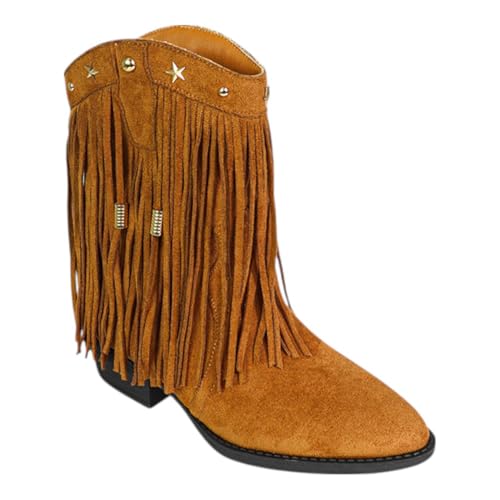 Women Fringe Cowboy Cowgirl Boots Pull On Western Mid Calf Fashion Booties Boots