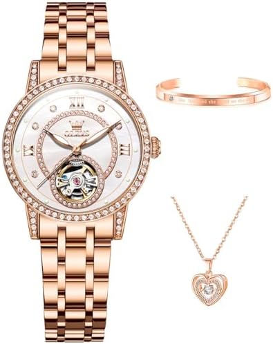 OLEVS Women’s Watch Automatic Diamond Tourbillon Luxury Fashion Stainless Steel Waterproof Luminous Wrist Watches for Ladies Gift Rose Gold/Starry Sky Blue/Silver