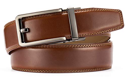Image of Chaoren Leather Ratchet Belt 2 Pack Dress with Click Sliding Buckle 1 3 /8 inch in Gift Set Box - Adjustable Trim to Fit