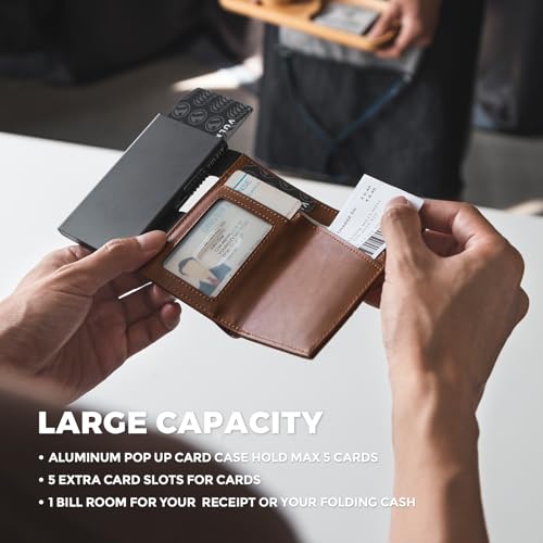 VULKIT Trifold Pop Up Men Wallet Leather RFID Blocking Credit Card Holder Metal Card Case, Hold 10 Cards and Bills, Brown, Minimalist3