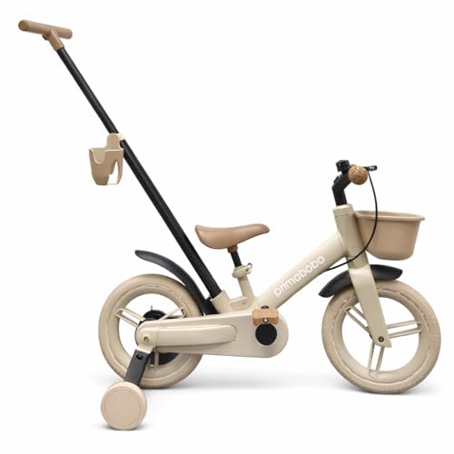 Primabobo SkillBike Tricycle Enfant 5 en 1 Beige avec Canne Parentale, Draisienne et Porteur, Selle Réglable, Panier, Roues Silencieuses, Vélo Enfant 1+