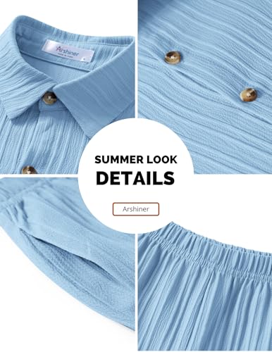 Arshiner Boys Summer Casual Outfits Short Sleeve Button Down Shirt and Shorts Textured Beach Set 11-12 Years Blue