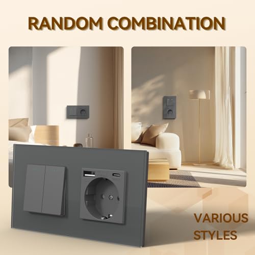 BSEED Druckknopf Rocker Tactile 2 Fach 1 Weg Lichtschalter Glas und 3 in 1 Steckdose mit 2.1A USB Ladeleistung mit Type C Adapter Aufladestation Glasscheibe Wandschalter Grau