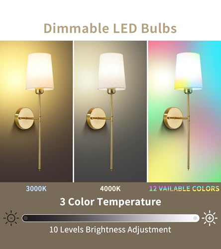 Image of Battery Operated Wall Sconce Set of 2, 12 RGB Light Bulb & Remote Control, Wireless Wall Light with Rechargeable Bulb, Fabric Shade & Metal Frame, Brass