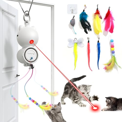 猫おもちゃ 猫玩具一人遊び 2in1電動猫じゃらし LEDライト FEELNEEDY 猫おもちゃ自動 USB充電式 羽/昆虫/鳥毛/ネズミ 8本セット ネコ おもちゃ 人気 お留守番に 運動不足解消 狩猟本能を刺激 ぶら下げる 猫ちゃんへのプレゼント 粘着