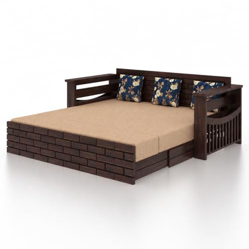 Image of Ganpati Arts Solid Sheesham Wood 3 Seater Italian Sofa Cum Bed with Storage and Side Pockets for Living Room Wooden Sofa Bed for Home - Walnut Finish 1 Year Warranty, 3-Person Sofa (Beige)