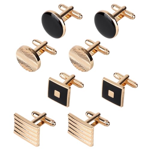 4 Paires Boutons de Manchette pour Homme, Or et Noir Rayés Ronds Carrés et Rectangulaires Accessoires Classiques Chemise Habillée Parfaits pour le Travail...