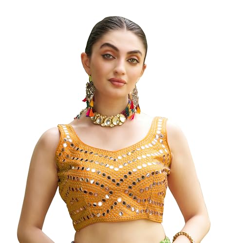 Image of Pujia Mills Women's Embroidery Work Real Mirror Sleeveless Readymade Blouse